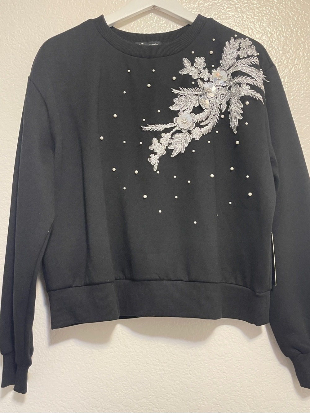 On 12th Black Embellished Sweatshirt with Pearl & by Sequin Floral Applique